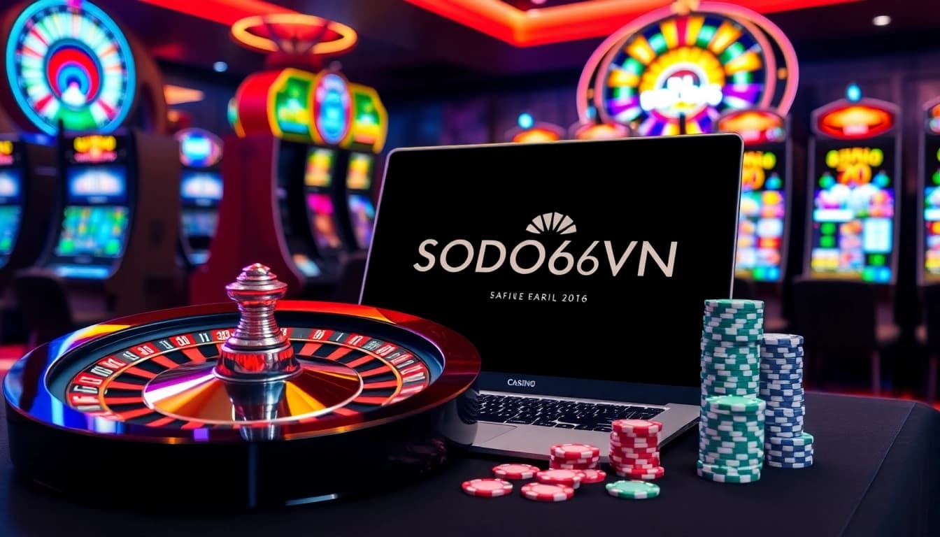 SODO66VN gambling experience with poker chips and roulette wheel in a luxurious casino atmosphere.