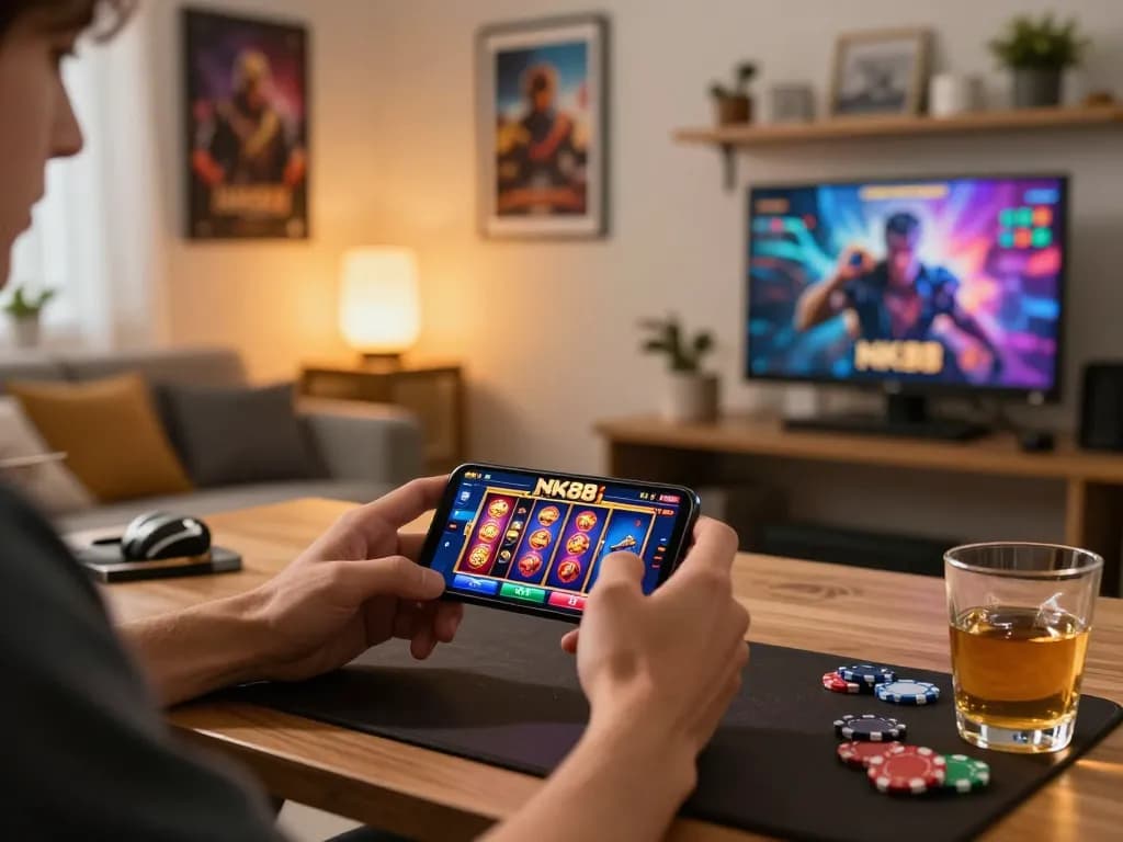 Player enjoying NK88 mobile casino gaming on smartphone at home with vibrant interface and strategic setup