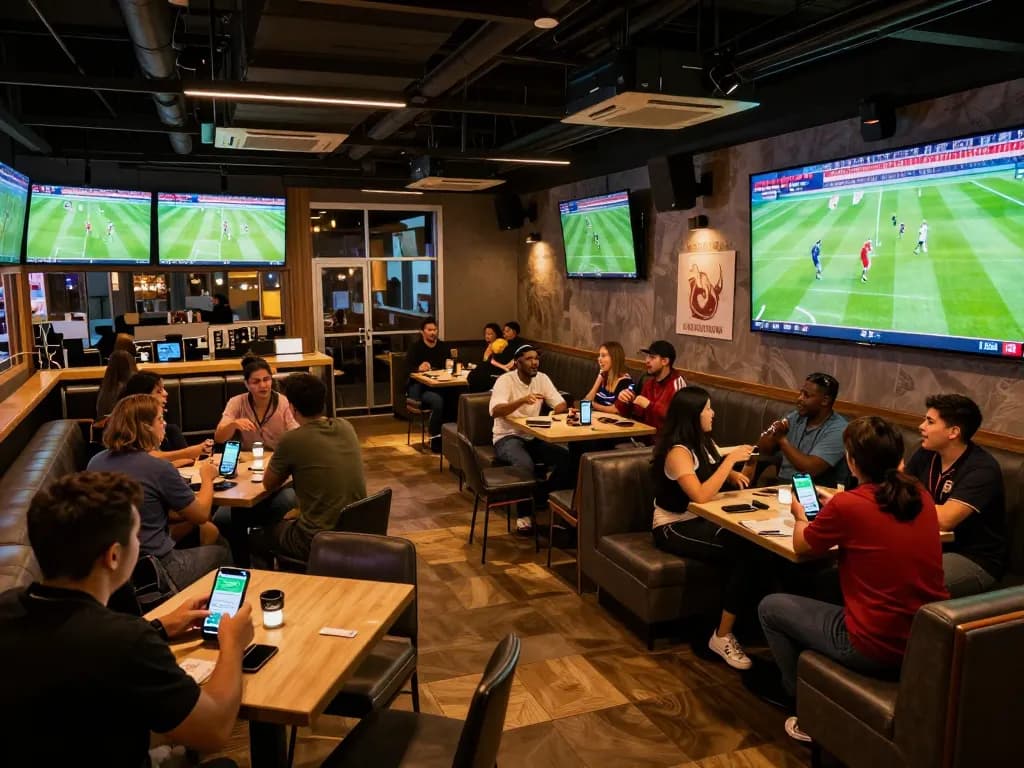 Soi kèo nhà cái hôm nay at a sports bar, patrons cheering and placing bets on mobile devices