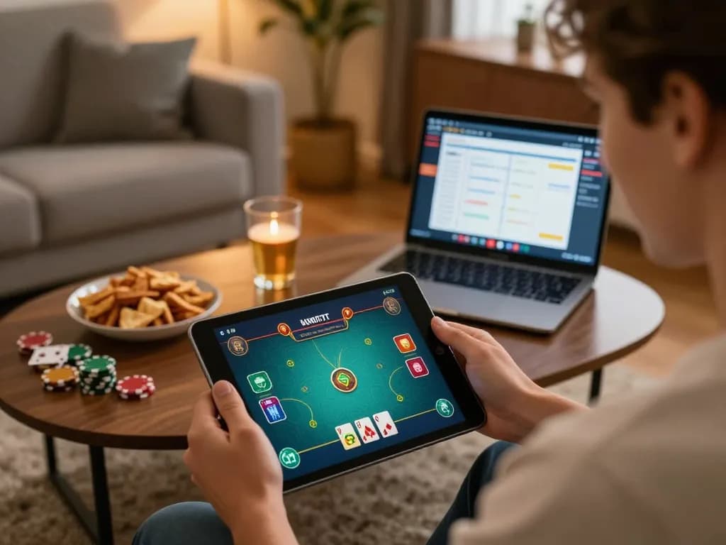 i9BET players enjoying online poker game at home with tablet in cozy setting