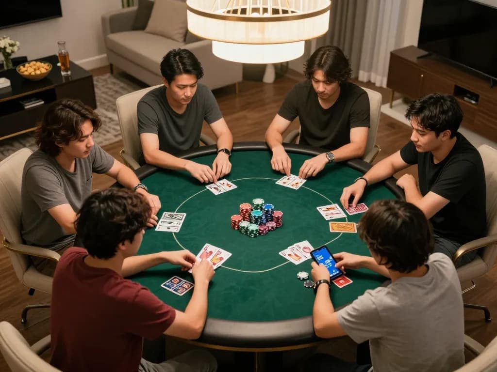 Engaging poker game night with players enjoying mega888 original apk in a cozy home setting.
