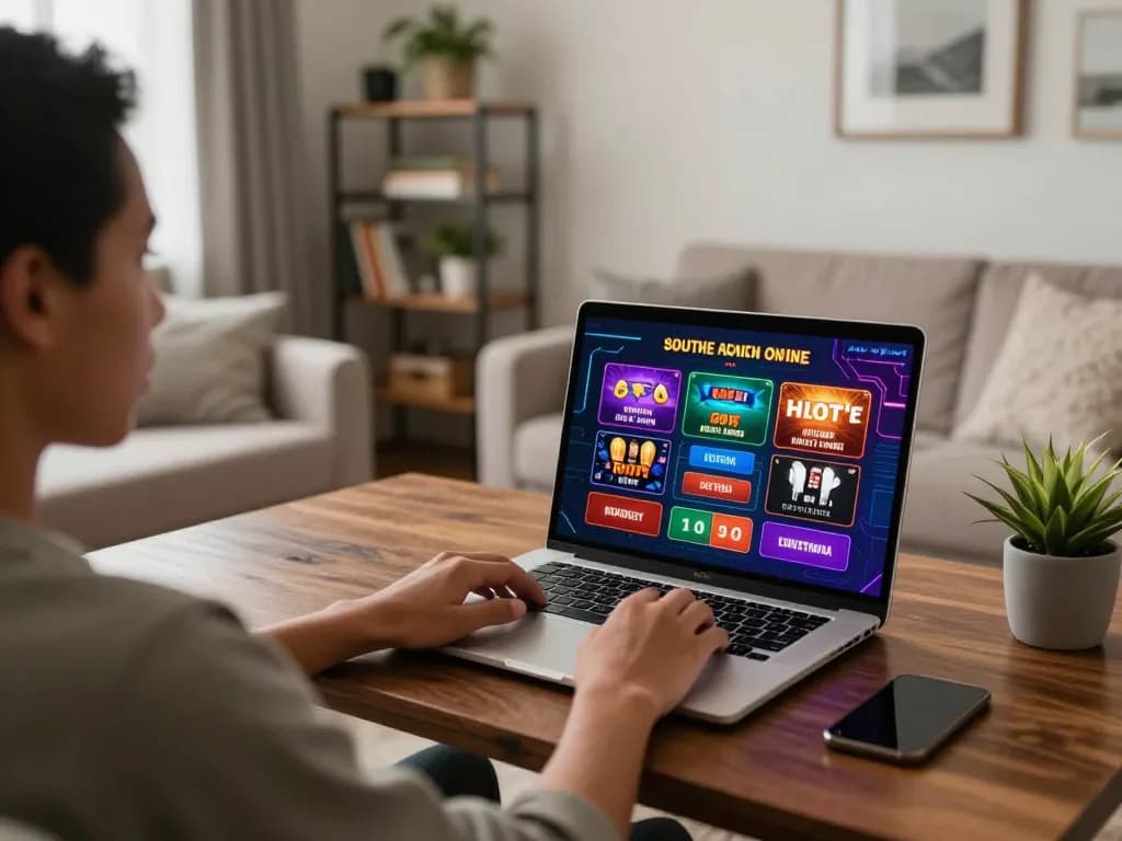 Player engaging with South African Online Casinos while enjoying a cozy home atmosphere