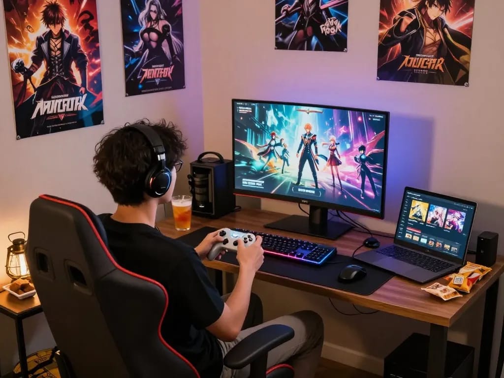 Person enjoying immersive porngames in a cozy gaming setup.