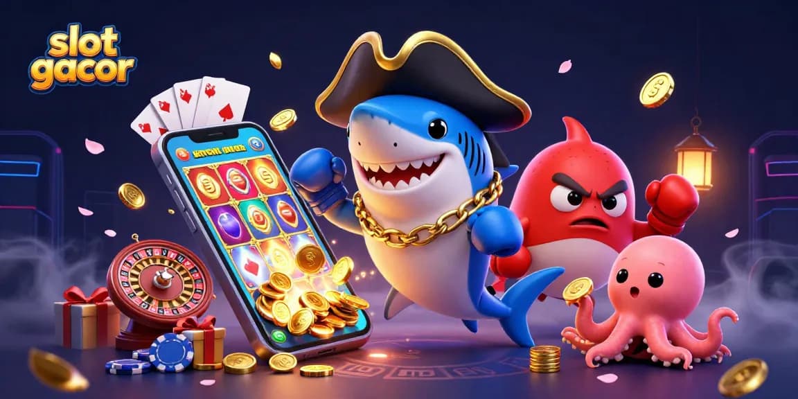 Slot gacor yang menarik dalam ilustrasi 3D dengan karakter laut diselingi elemen permainan kasino.