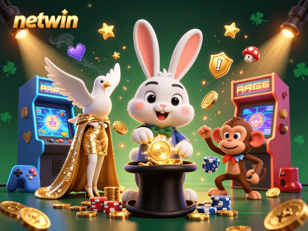 Experience winnings with netwin as a rabbit magician dazzles in a vibrant casino scene.