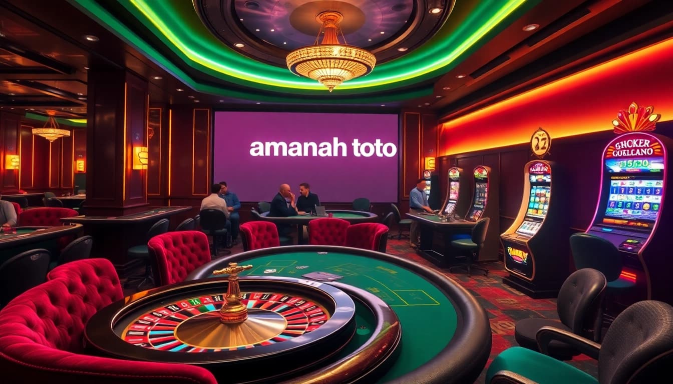 Exciting scene at amanahtoto casino showcasing high-stakes games and vibrant slots.