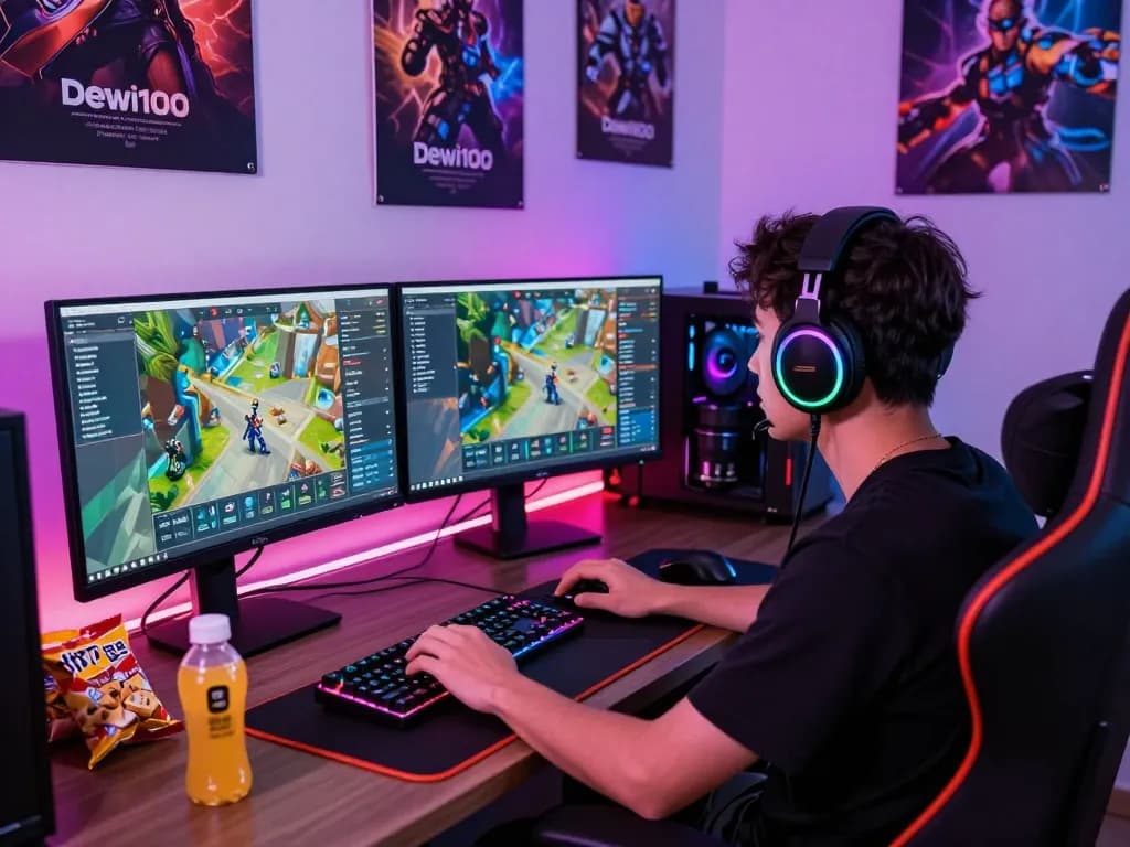Engaged gamer using dewi100 online gaming platform in an immersive setup