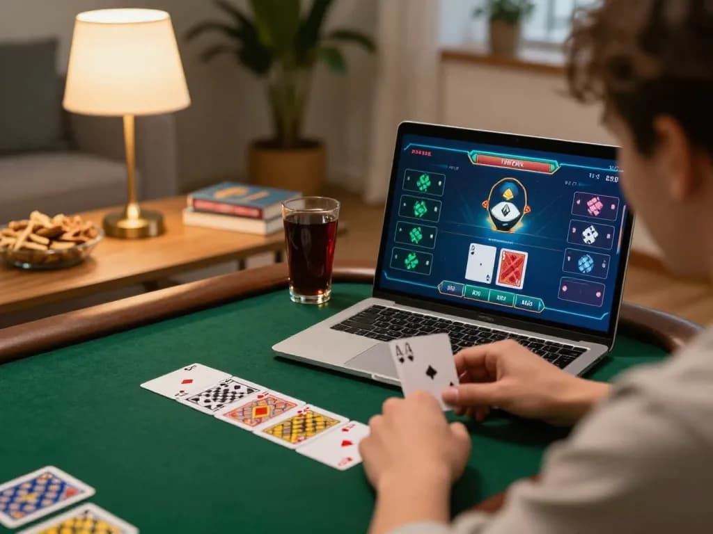 JUARA88 enhances online gaming experience with poker gameplay on a laptop, showcasing a cozy atmosphere.