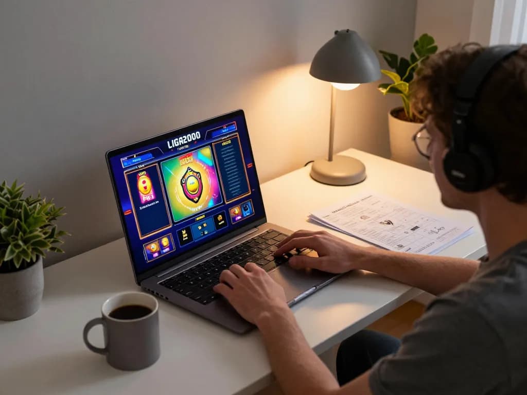 LIGA2000 online gaming setup with player engaged in exciting slot action at home