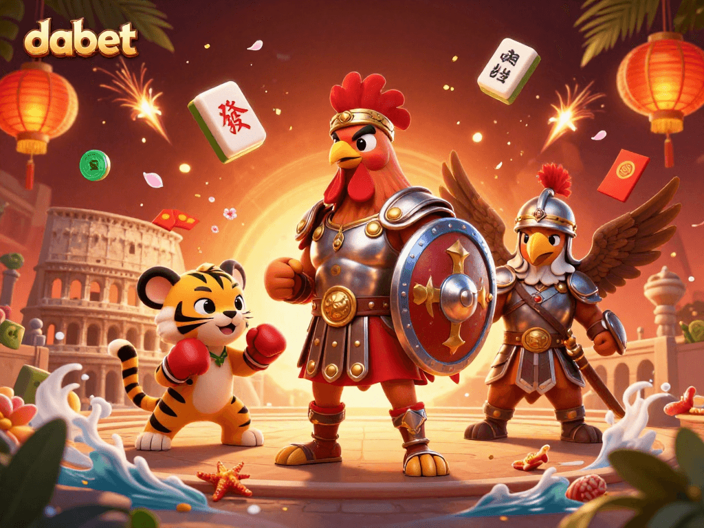 dabet delivers a thrilling casino illustration with gladiator rooster and dynamic elements in a vibrant scene.