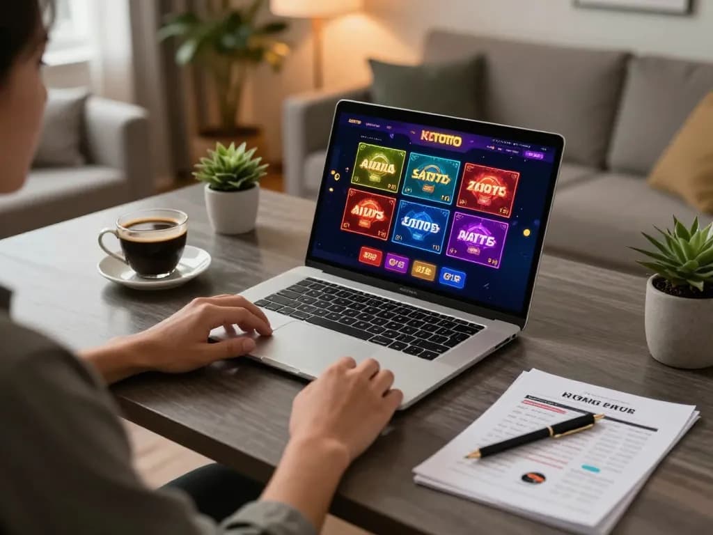 KDTOTO gaming interface displayed on a laptop at a cozy home desk, illustrating online gambling.