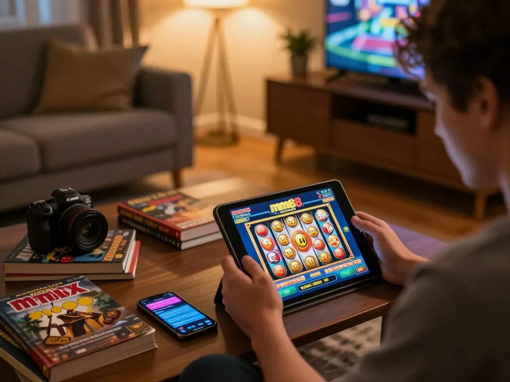 Player enjoying mm88 online slots at home with tablet and strategy notes in warm living room