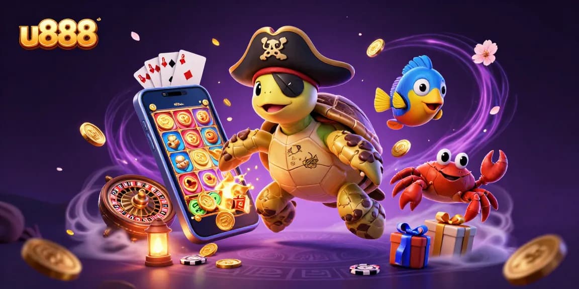 Engage with thrilling u888 casino adventures featuring a vibrant 3D scene of a pirate turtle and treasures.