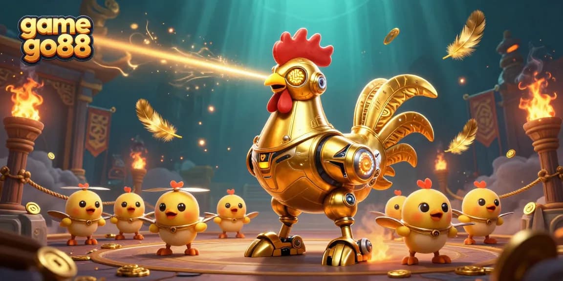 Engage with game go88 in a vibrant casino scene featuring a golden rooster robot and baby chick drones.