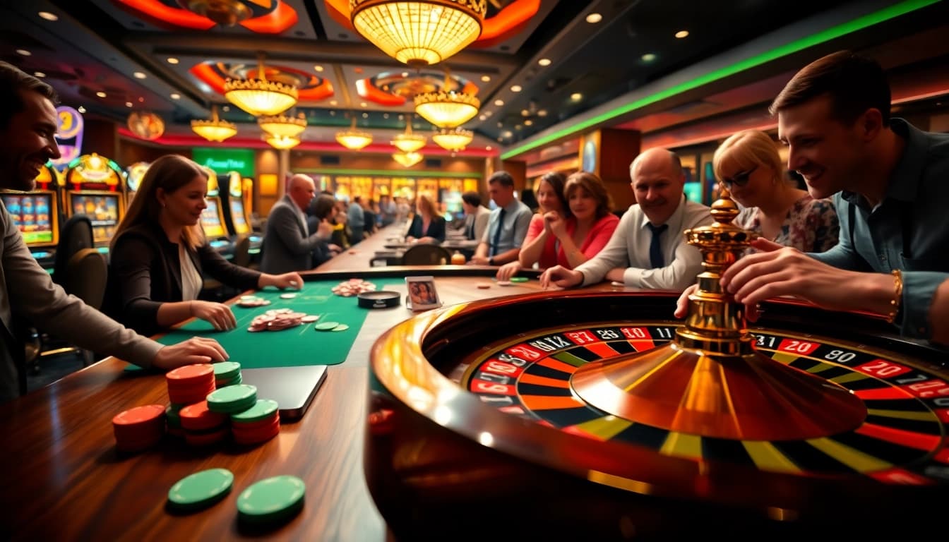 Experience exhilarating casino bonuses with players at a lively roulette table.