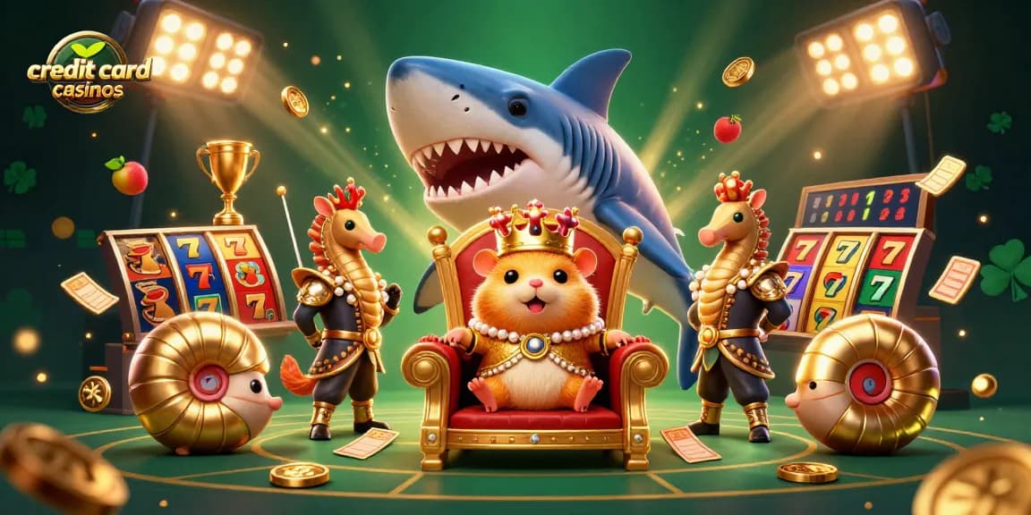 Engage in the excitement of credit card casinos with vibrant slot reels, golden trophies, and playful characters.