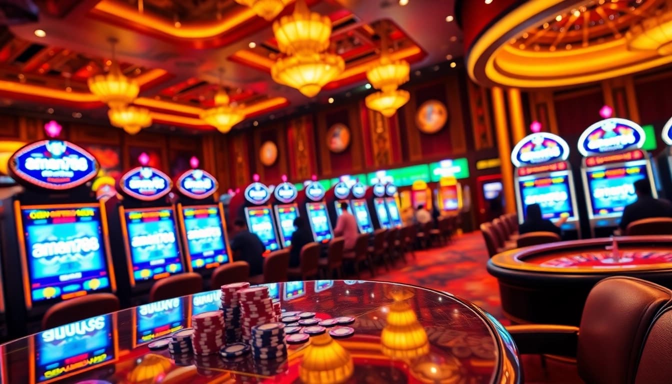 Memainkan mesin slot yang mengasyikkan di kasino aman788 dengan lampu yang cerah dan chip berwarna-warni.
