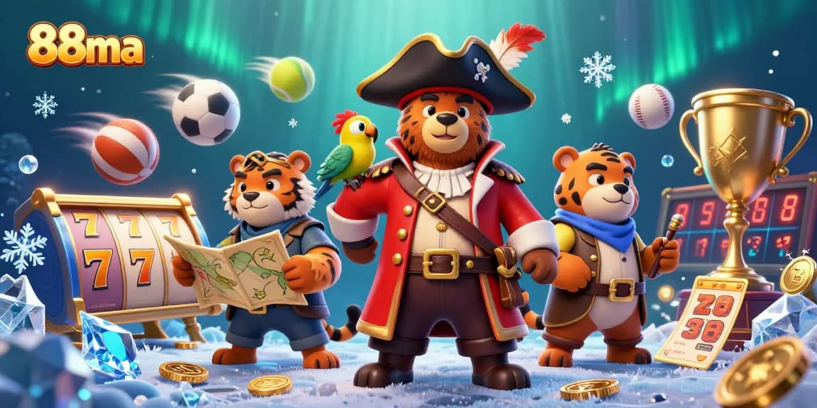 Bet big at 88ma casino with a lively scene of a bear captain and tiger strategist amid gold and slot symbols.