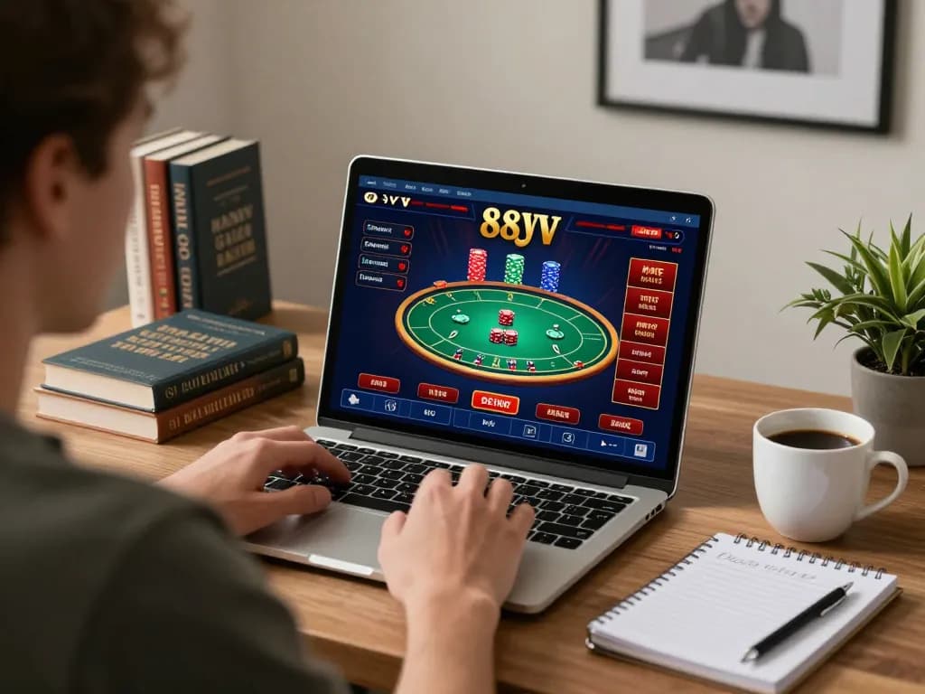 Player engages in poker at their laptop, exploring 88vv online casino options.