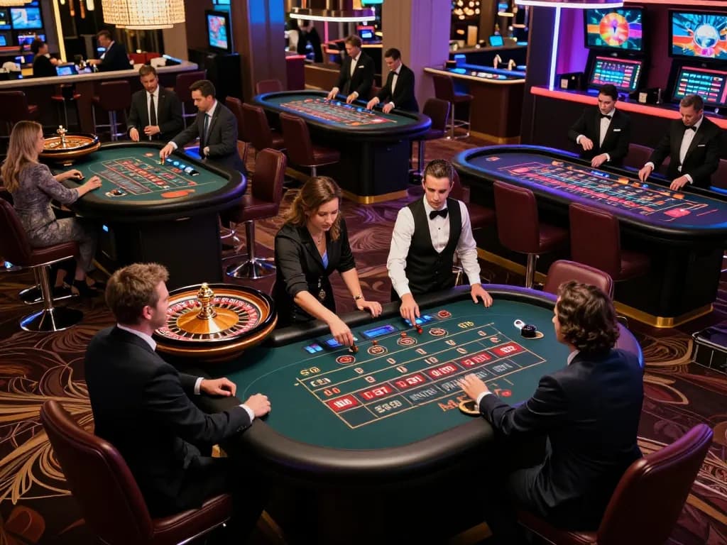 Experience the excitement of Da88 gaming at a bustling roulette table, with players engaged and bets placed.