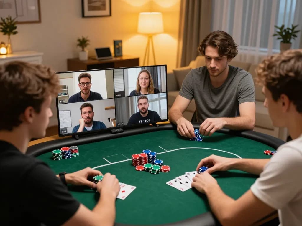 Play poker online at tic88 with colorful chips and engaging players in a warm home setup.