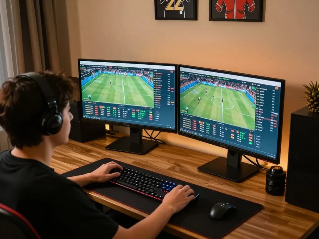 Engaging in live sports betting on bk8 from a modern home setup, showcasing the excitement of real-time wagering