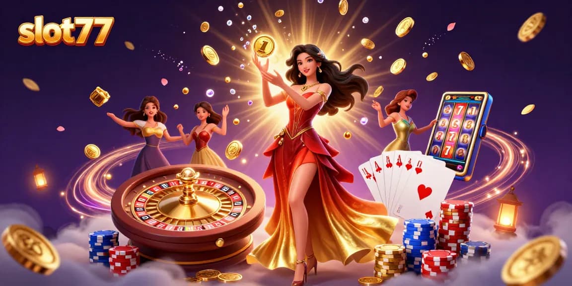 Experience thrilling wins at slot77 with a dazzling casino scene featuring coins and jackpots.