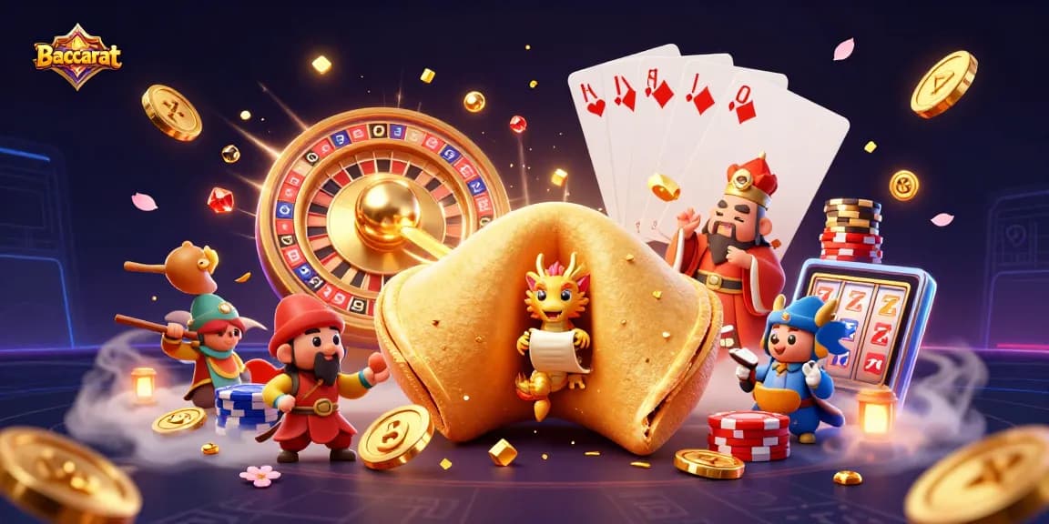 Baccarat game scene showcasing a wise dragon and fortune cookie with dynamic casino elements