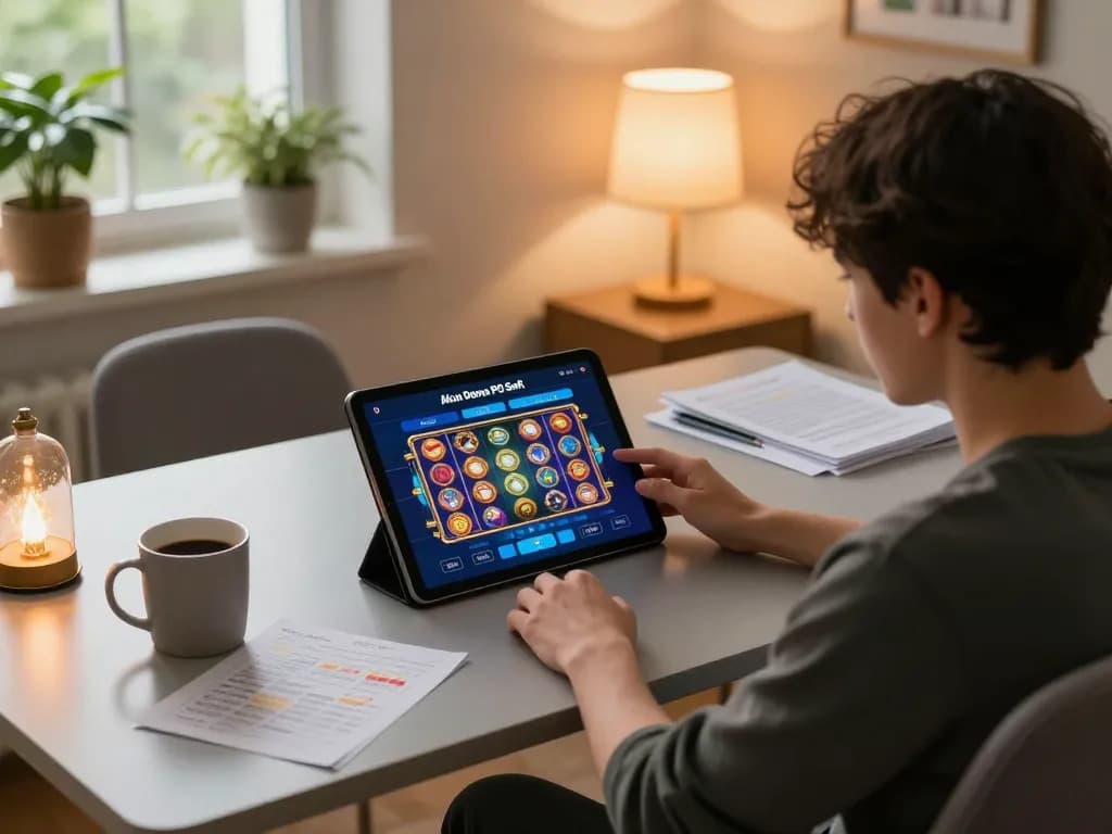 Seseorang menggunakan aplikasi Akun Demo PG Soft di tablet selama sesi permainan santai di rumah.