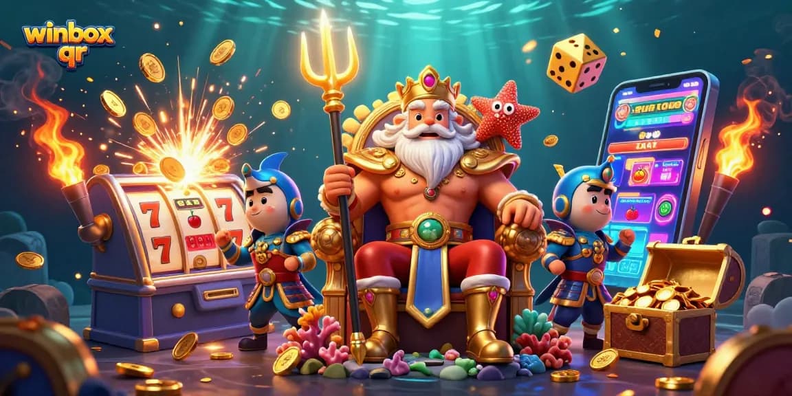 Experience the excitement of winbox qr with Neptune surrounded by slot symbols and gold treasures.
