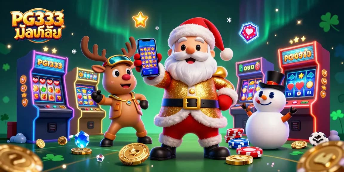 Spin to win with PG333 มือถือ as Santa, a reindeer, and a snowman celebrate in a vibrant casino.