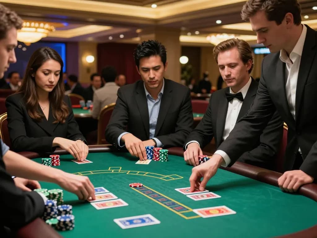 F8BET players engaged in strategic blackjack gameplay at a luxurious casino table