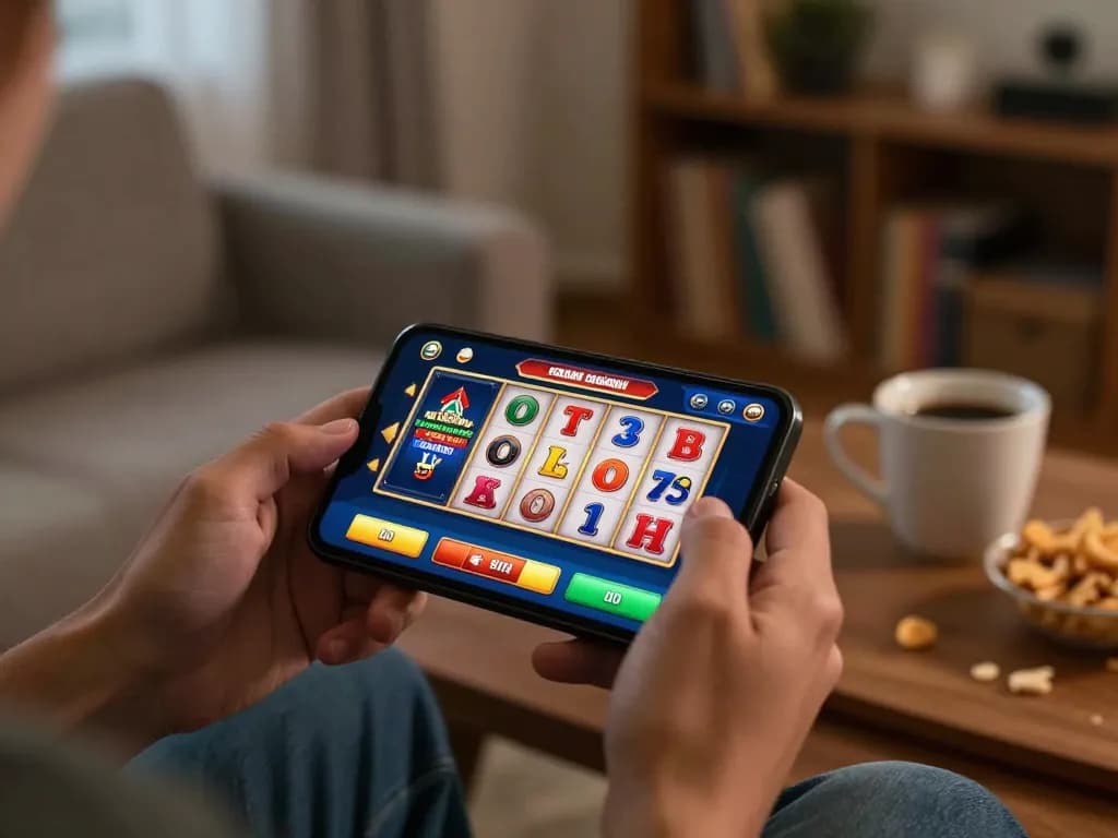 Engaging scene of person enjoying South African Online Casinos on a smartphone with cozy home ambiance