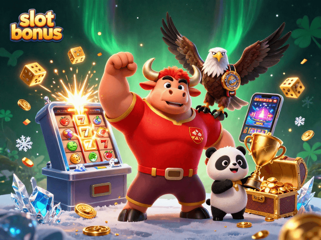 Win big with slot bonus in thrilling 3D casino scene featuring iconic characters and exciting elements.