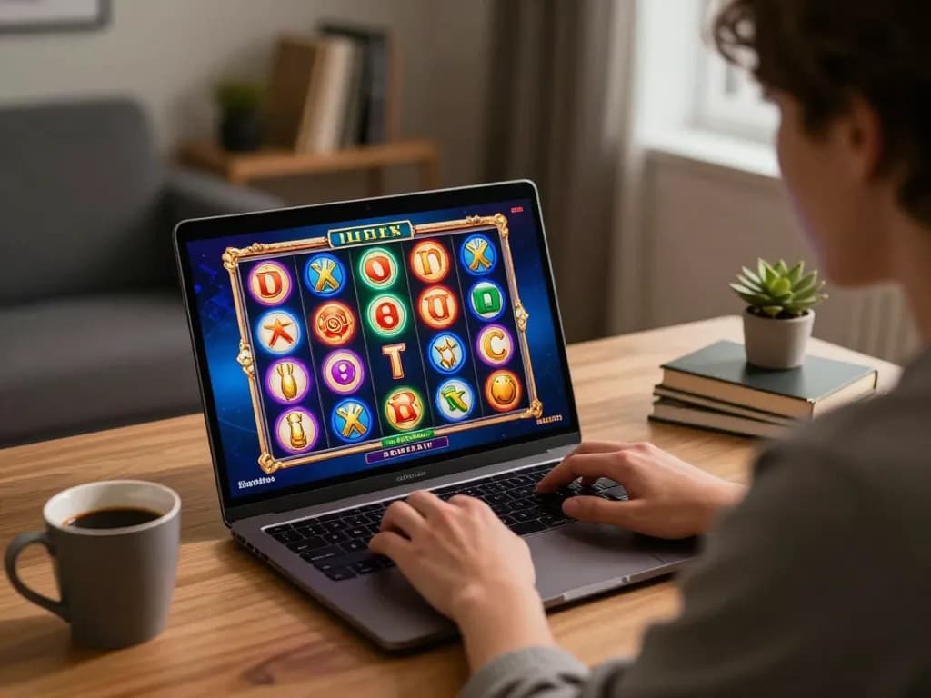 Engaged player enjoying slot online gaming on laptop in a cozy home office setting