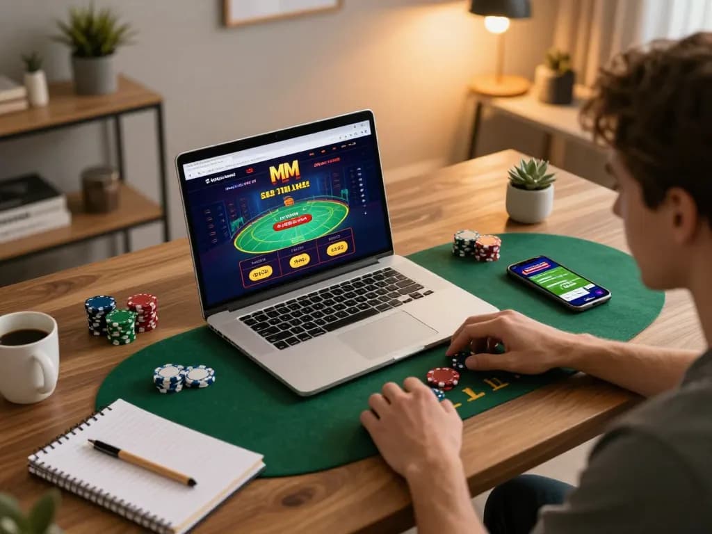 Engaging gameplay at MM 99 with a laptop and poker game interface in a cozy home setting