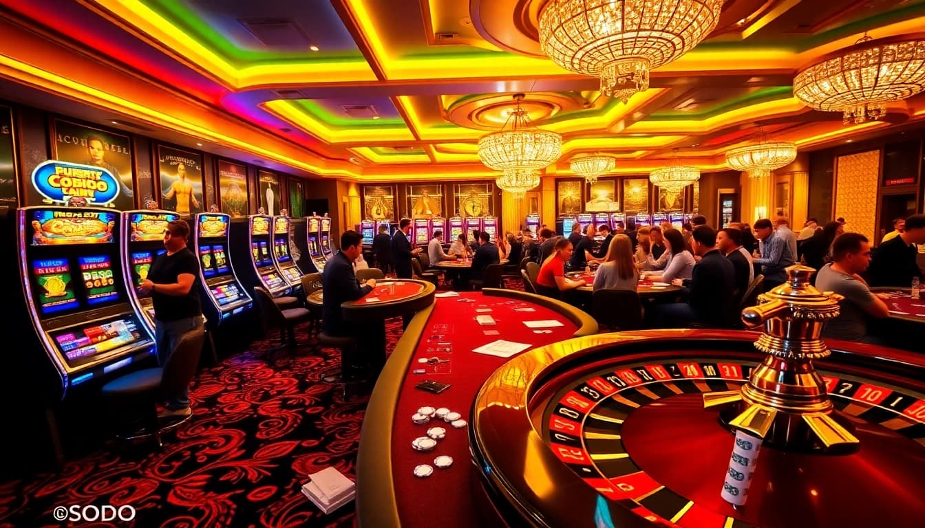 SODO CASINO provides a thrilling gambling experience with vibrant slot machines and a high-stakes poker table.