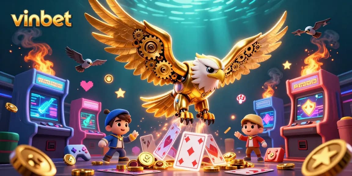Experience thrilling action in vinbet's colorful gaming scene with a cybernetic eagle and vibrant game elements.