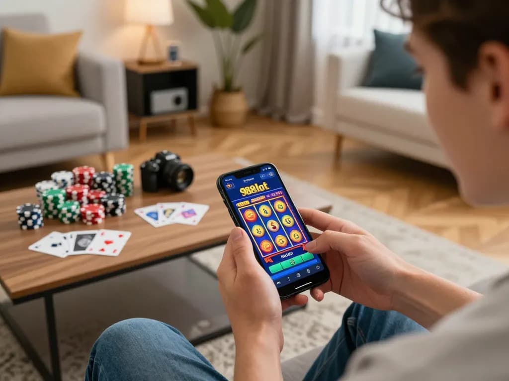Engaging with the 988slot app on smartphone, capturing immersive gaming experience at home.
