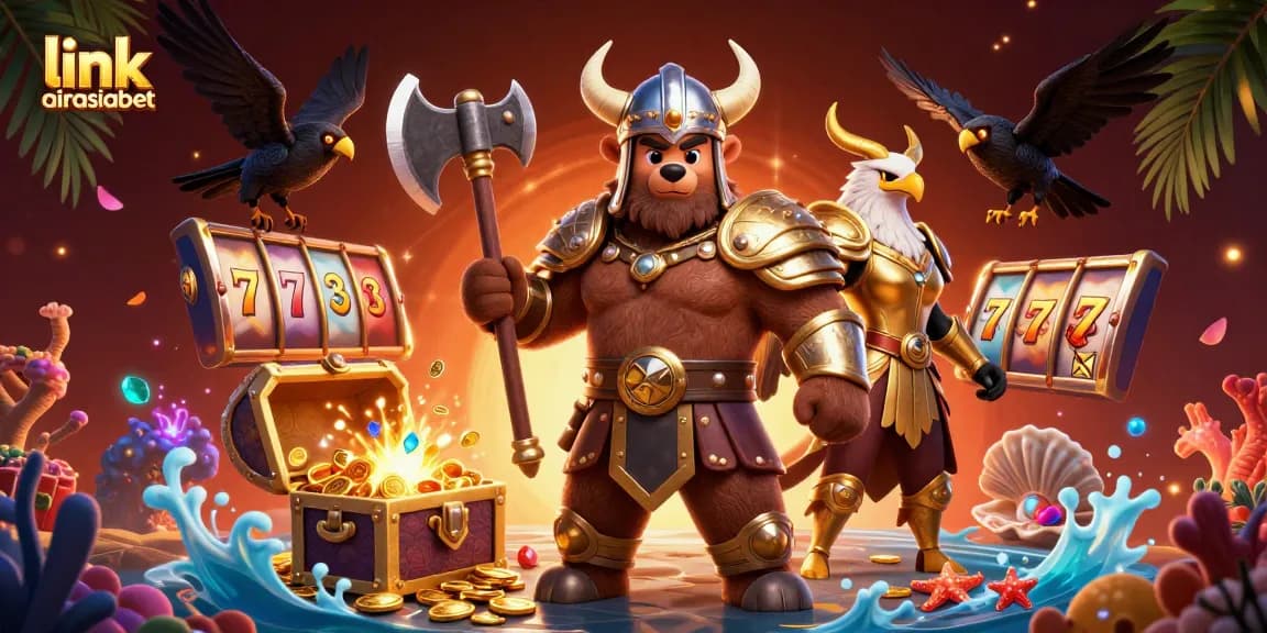 Play slots at link airasiabet with vibrant 3D cartoon Viking and eagle amidst treasure and glowing gems.