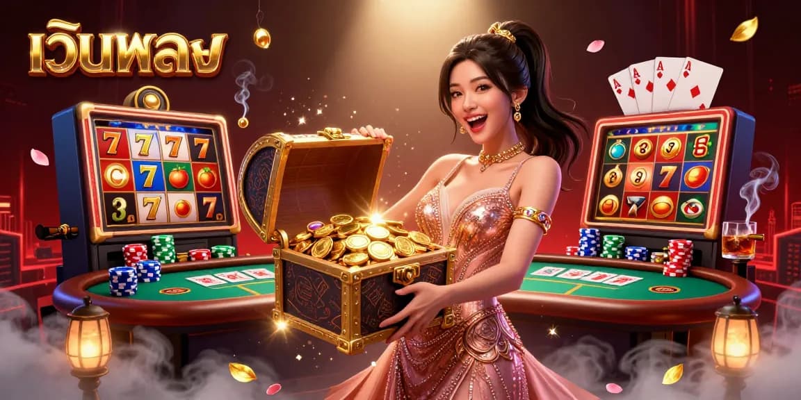 Engage in thrilling เว็บตรง casino fun with a stunning Asian woman showcasing treasures amidst vibrant slot elements.