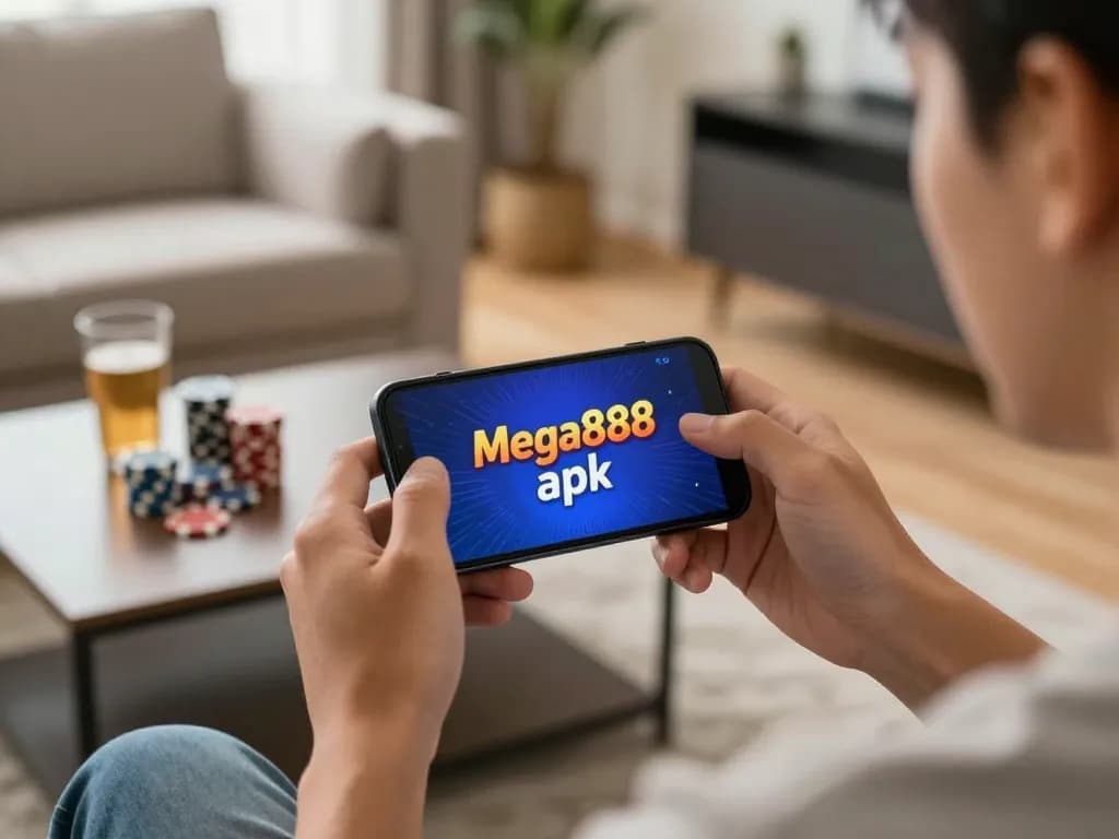 Mega888 apk displayed on smartphone during an exciting mobile gaming session at home.