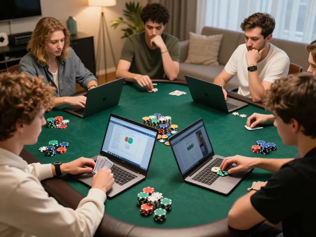 Players enjoying a link mpo777 poker game at home, engaging in strategic betting with colorful chips.
