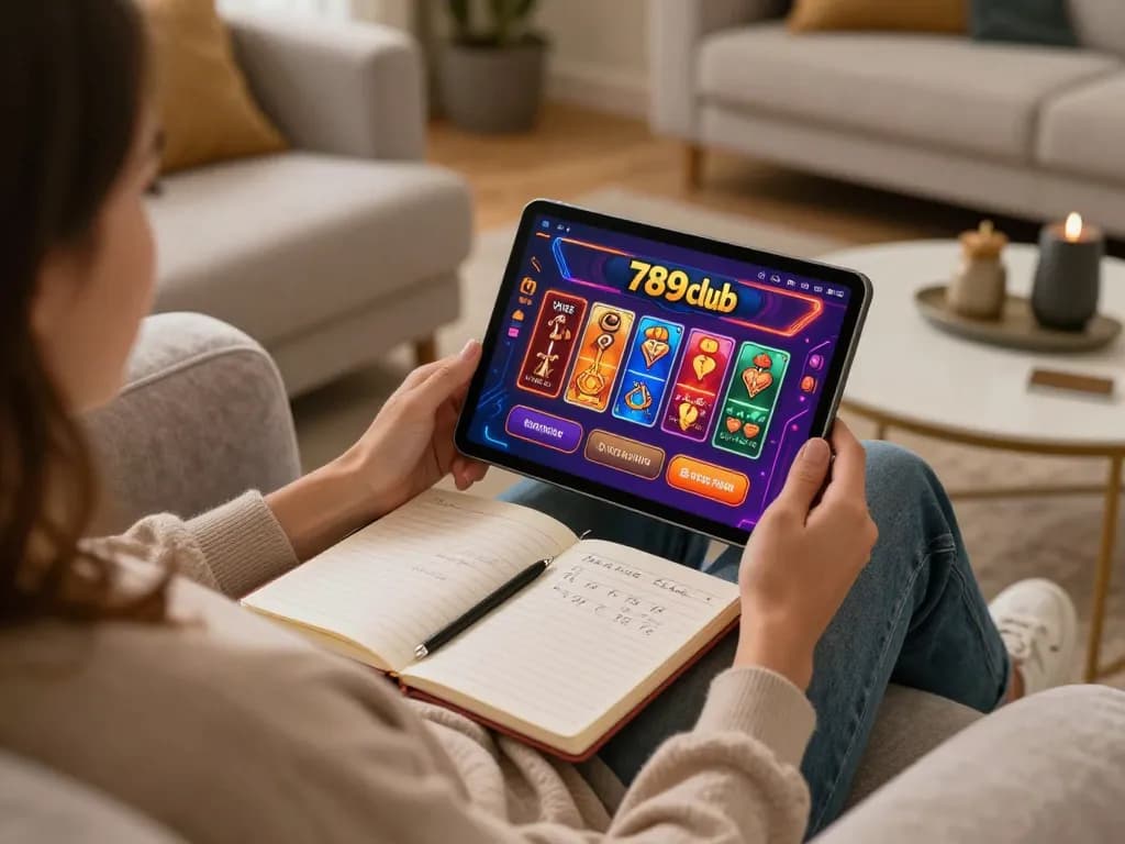 Engaging with the 789club online casino platform on a tablet at home, emphasizing responsible gaming.
