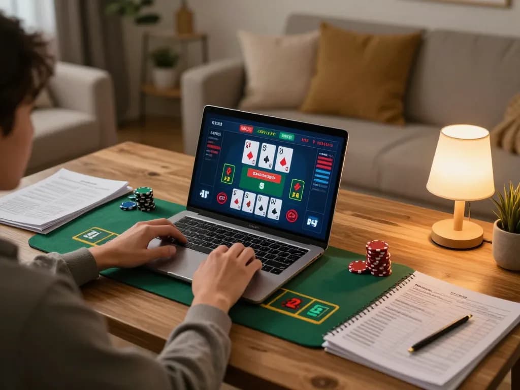 Player engaged in online blackjack on laptop, showcasing strategic gameplay for open888