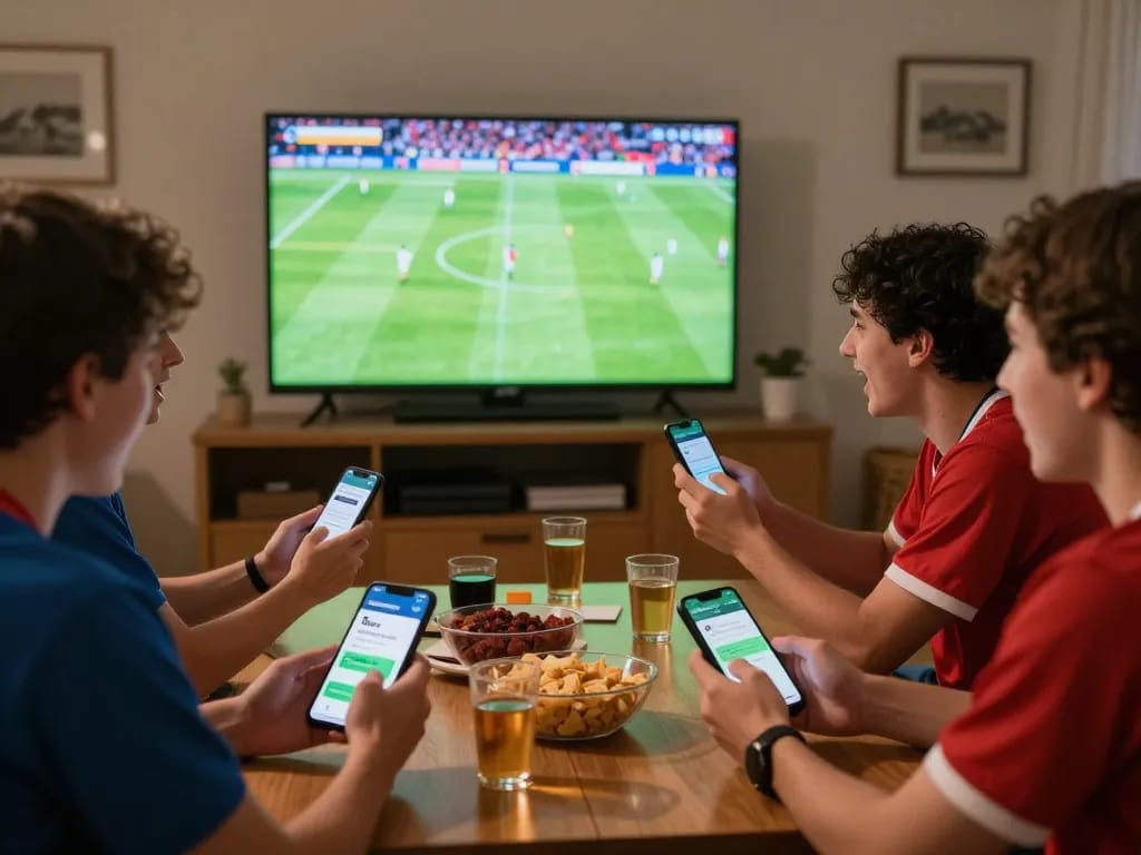 Sports fans engaging in live football betting with the Nowgoal app during a home gathering.