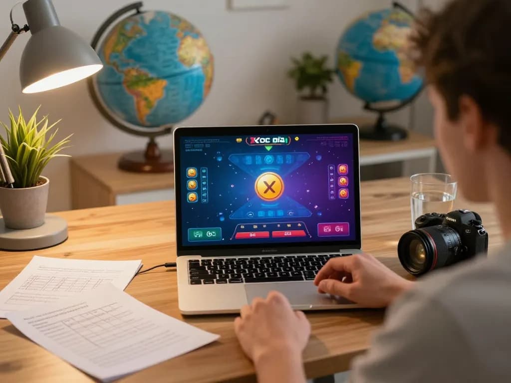 xóc đĩa online gameplay on a laptop, showcasing strategies and excitement in a modern home office.