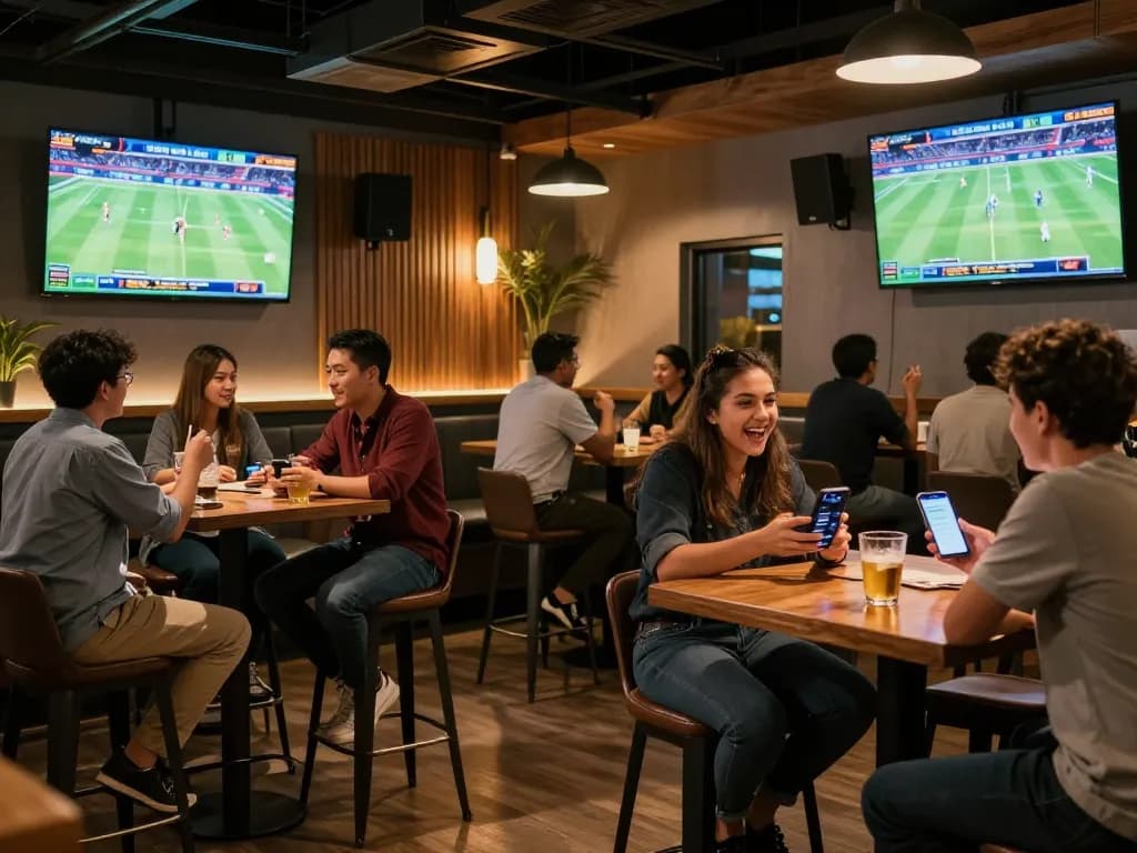 Patrons engaging in sports betting at a lively venue, using the fabet app to place bets and discuss strategies.
