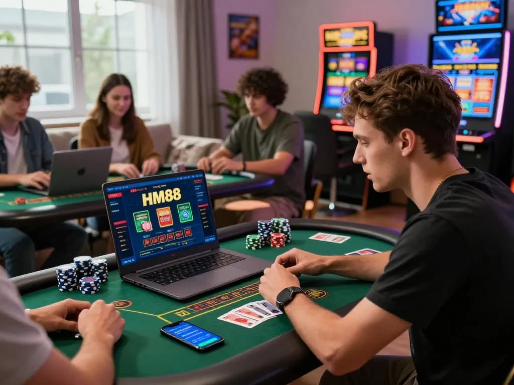 Engaged players enjoying HM88 online gambling experience, vibrant gaming atmosphere showcasing diverse games.