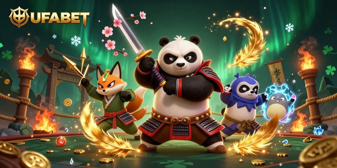 Play exciting games at UFABET with samurai panda and ninja fox in a colorful fantasy scene.